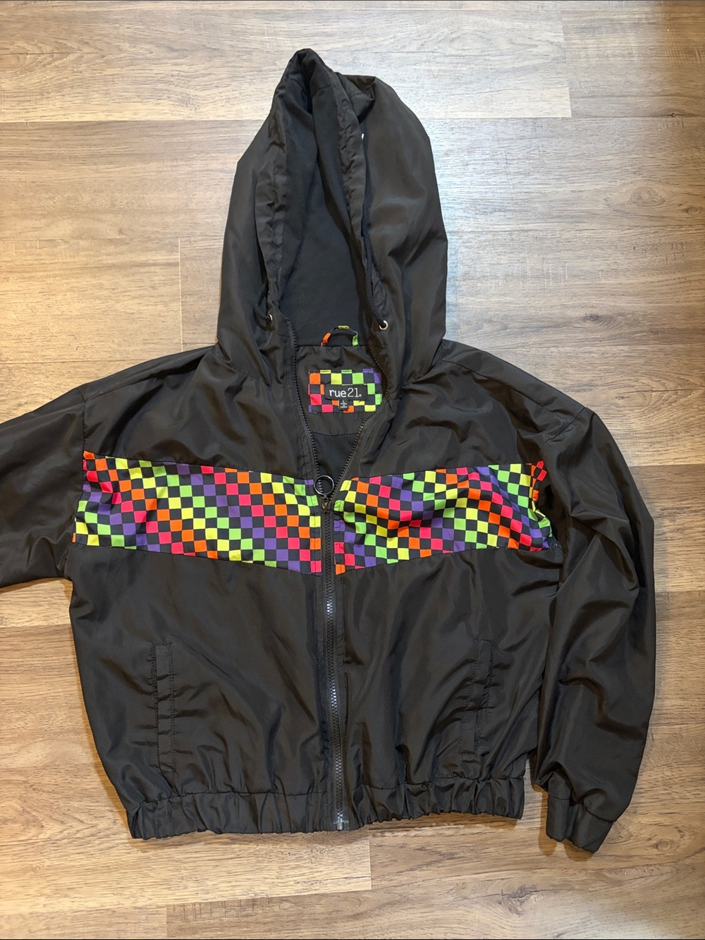 Rue21 Black Hooded Jacket with Neon Checkerboard Stripe Y2K Windbreaker Full-Zip
